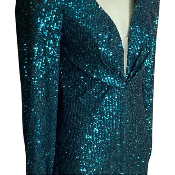Mac Duggal 26866 Sequined Structured Bishop Sleeve Midi DressTeal Size 4 NWT - Picture 6 of 14